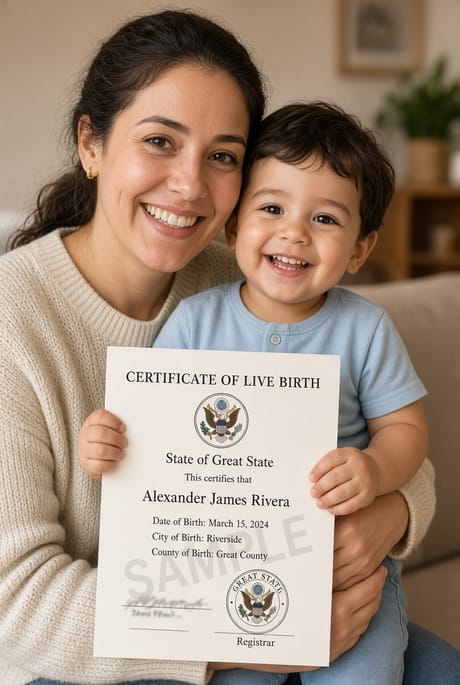 A smiling parent and child holding a sample certificate of live birth